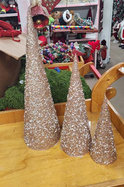 Copper glitter tabletop cones 24, 18, 12